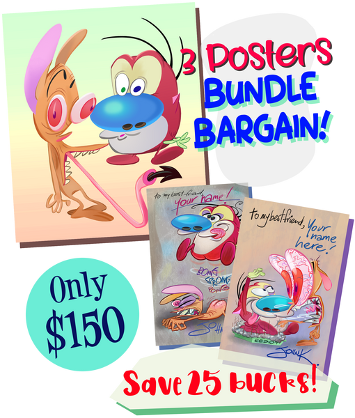 Ultimate Fan! 3 Ren and Stimpy Poster Set ALL SIGNED BY JOHN K