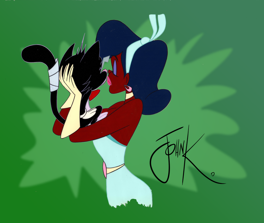 Original Cel from Harlem Shuffle Music Video by the Rolling Stones: Girl and Cat Nuzzling